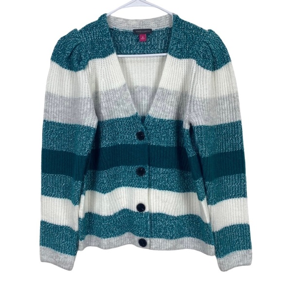 Vince Camuto Cardigan Button Sweater Size XS Teal Blue Green Knit Striped Soft - Picture 8 of 8